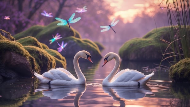 Serene scene of two elegant swans gracefully swimming together in a tranquil pond surrounded by lush greenery and colorful dragonflies dancing in the soft evening light photo