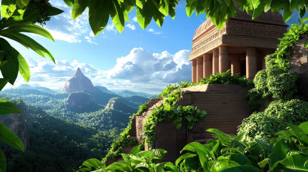 Ancient alien ruin surrounded by lush greenery and majestic mountains photo