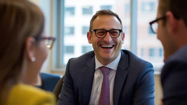 group of coworkers sharing laugh during meeting, creating positive atmosphere photo