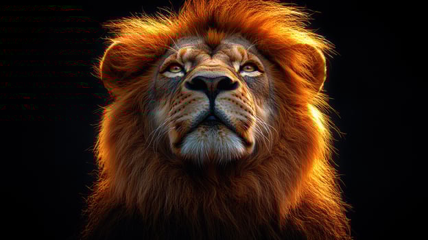 Majestic lion with golden mane gazing upward in dramatic lighting photo