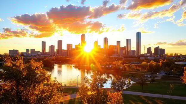 stunning city skyline at sunset with vibrant colors and reflections photo