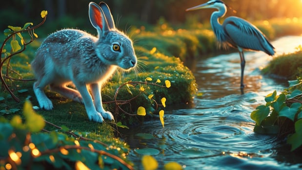 A serene scene depicting a rabbit near a stream with a heron in the background during sunset photo