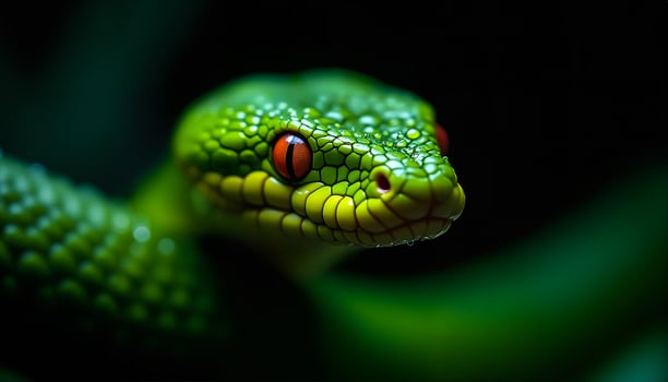 Macro shot of emerald viper with red-orange eyes and glistening moisture on its body. photo