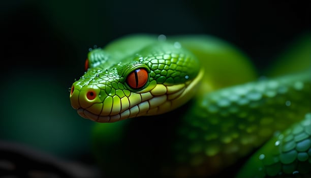 Tense snake with textured scales and fierce eyes in soft jungle light, close and detailed. photo