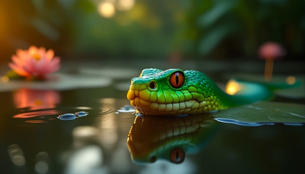 Viper gliding in still water, eyes reflecting warm tropical light at dusk photo