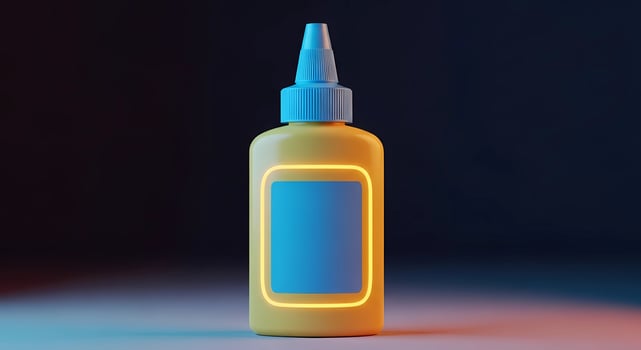 A yellow bottle with a blue label on a dark background illuminated light photo