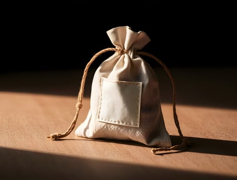 A small bag with a white label on it photo