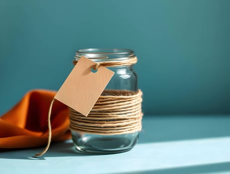 A jar with a label and a string on a blue background photo