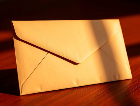 An open yellow envelope on a wooden table photo