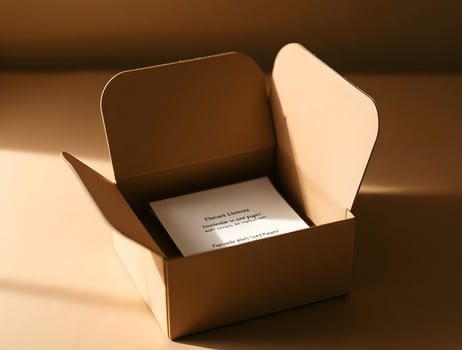 A brown box with a white card inside photo