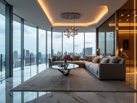 modern living room with a panoramic city view, furnished with a large, neutral-toned L-shaped sofa and a contemporary glass coffee table, sophistication and expansive urban living photo