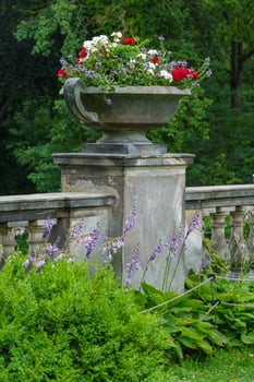 A stone wall with flowers photo