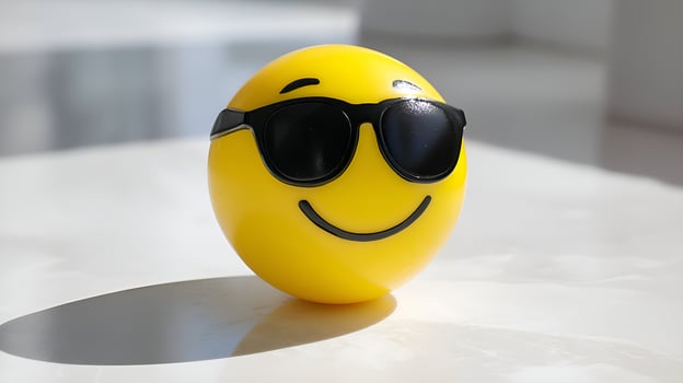 Yellow smiling face with sunglasses resting on white surface photo