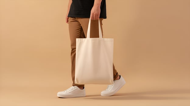 Man walking and holding white tote bag mockup photo