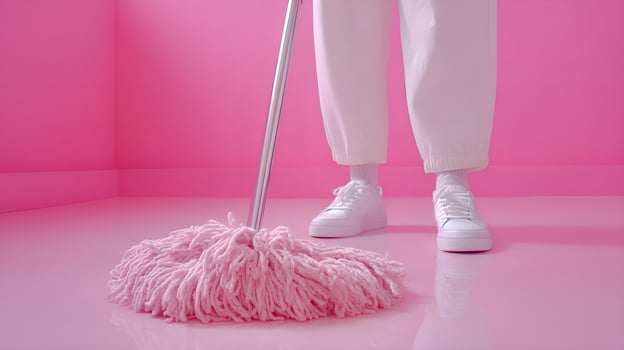 Cleaning lady mopping pink floor in a pink room photo