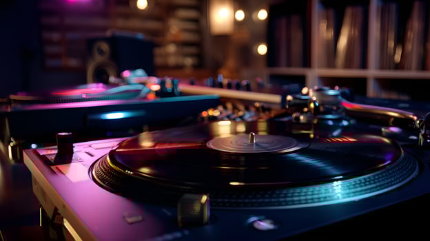 Vinyl record spinning on turntable in nightclub setting with colorful lighting photo