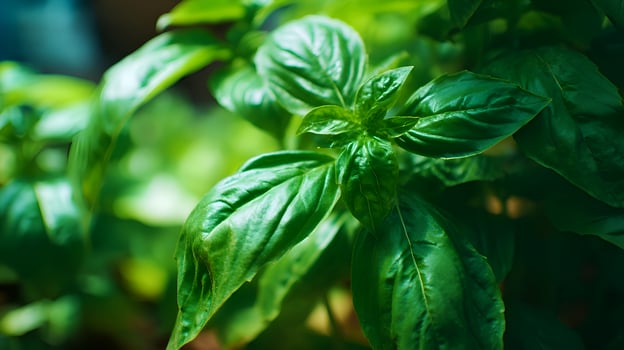 Fresh green basil plant growing in garden sunlight photo