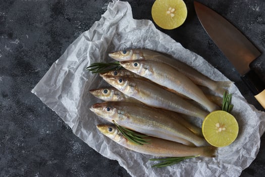 Raw fish on baking paper with lime and rosemary photo
