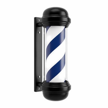 A barber pole with blue and white stripes against a white background photo