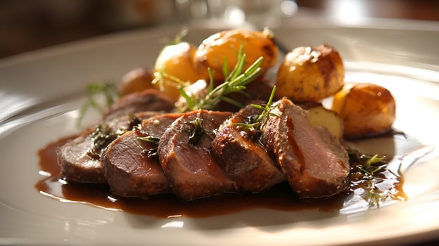 Sliced roast lamb with roasted potatoes and rosemary on white plate photo