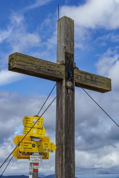 A wooden cross with a sign on it photo