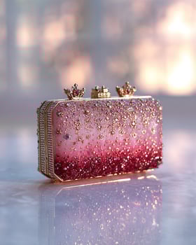 Romantic ombre purse transitioning from pink quartz to rose red, embellished with ornate gemstone details, set on a reflective surface with dreamy white glow for upscale ads photo