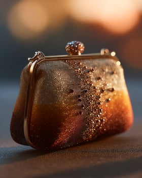 Radiant golden to bronze gradient mini pouch with sparkling details and clean elegant silhouette, set on dreamy glowing soft light background for fashion marketing photo