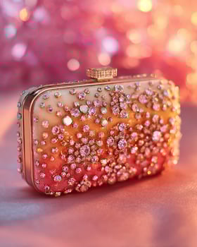 Glamorous ombre evening pouch in gradient from pastel peach to warm coral with sparkling gemstones and elegant shape on soft glowing background for fashion ads photo