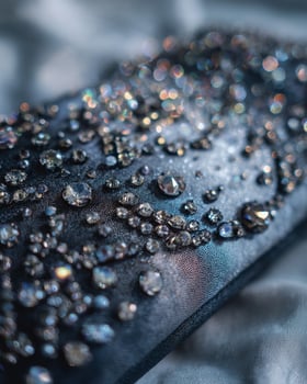 Luxurious ombre pouch transitioning from icy silver to midnight black, adorned with rhinestone and gem clusters, set against soft blur light for elite fashion branding photo