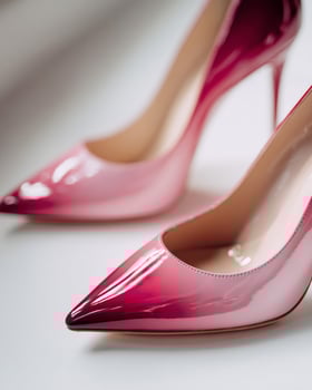 Gradient pink to rose ombre stiletto heels in close up view, shiny leather under soft lighting, set against smooth white blurry background for high end campaign photo