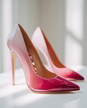 Close up luxury fashion shot of high heels with pink to deep rose gradient, sleek patent finish, glowing soft light, blurred white backdrop for advertising use photo