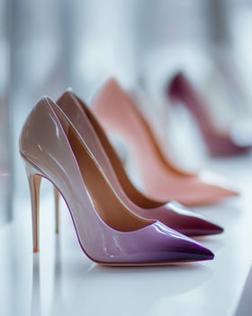 Fashion ad shot of ombre heels blending pink and plum tones, softly lit glossy texture, presented with white blurred backdrop in editorial campaign style photo