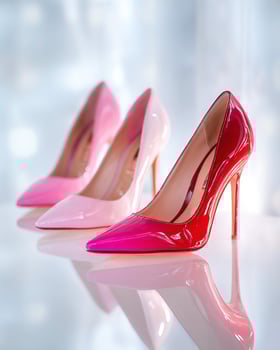 Vibrant high gloss stiletto heels in bright pink shades bubblegum, fuchsia, cherry placed symmetrically with soft lighting and white blurred background, fashion campaign photo