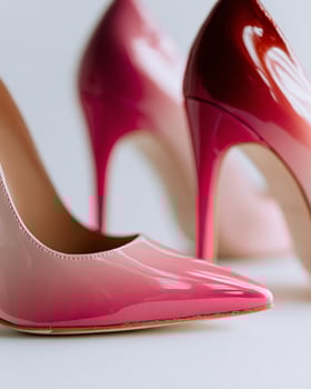 Fashion focused image of blush to rose ombre stilettos with glossy texture, soft light reflection, minimal white background, ideal for product branding photo