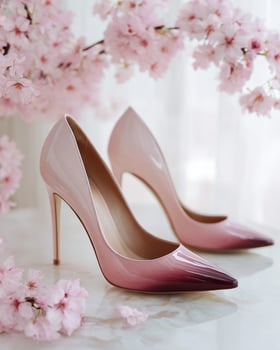 Luxury ombre stiletto heels inspired by cherry blossom flowers with soft gradient from pale pink to blush rose and mauve, silk like shine, dreamy blur background photo