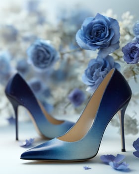 Romantic ombre high heels with floral inspiration, gradient from sky blue to navy, shiny texture and elegance, featured on soft blur white product background photo