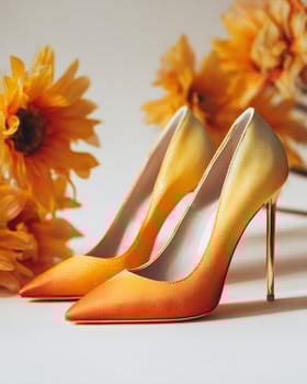 Elegant ombre stilettos inspired by sunflower blooms with soft yellow to deep orange gradient, shimmering finish, floral fashion concept on white blur background photo