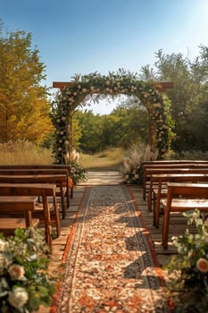 Outdoor Wedding Ceremony Setup With Floral Arch and Wooden Chairs on a Sunny Day. photo