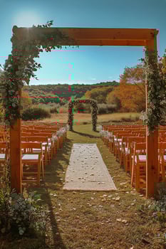 Beautiful Outdoor Wedding Setup in a Scenic Location With Autumn Foliage and Elegant Decorations photo