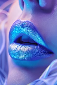 High detail lip close up with ombre gradient in electric blue, lavender, and icy white edges, semi matte surface and soft feminine smirk, fantasy inspired beauty shot photo