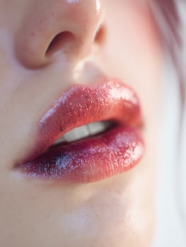 Close up of lips in dramatic ombre gradient from maroon to black to purple, detailed beauty texture and intense makeup tones, editorial aesthetic photo