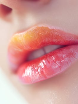 Woman lips in tropical ombre blend from bright pineapple yellow to coral orange to soft watermelon pink, high detail beauty macro photography photo