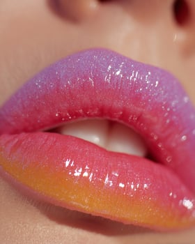 Close up of kawaii anime lips in ombre gradient pink, violet, orange, and yellow, soft focus light reflection and high gloss fantasy lip styling photo