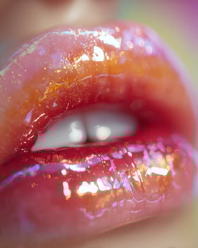Close up beauty shot of lips in fantasy anime ombre with cherry red, peach, gold shimmer, and plum, soft focus light and glossy kawaii finish photo