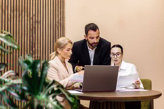 Group of professionals collaborating on business strategy, analyzing documents and data on laptop, surrounded by modern office decor and greenery, showcasing teamwork and planning photo