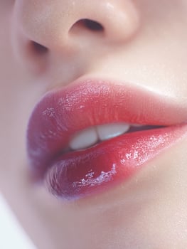 Artistic close up of ombre lips transitioning from soft pink to coral to deep purple, capturing beauty texture and color harmony for cosmetics concept photo