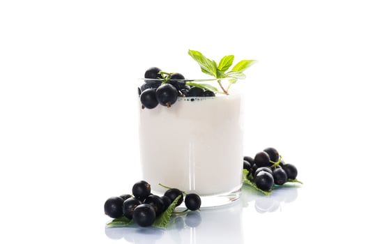 Blackcurrant with homemade yogurt in a glass on a white background. photo