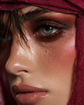Elegant cheek focused beauty image of Arabian makeup with rich ombre tones of fuchsia, terracotta, and honey, half face veiled in soft silk, white blur photo