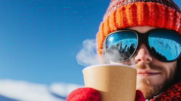 A man in a winter hat and sunglasses is holding a cup of coffee photo