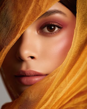 Soft focused Arabian cheek makeup close up with blush gradient in pink quartz, saffron, plum, and amber, half face wrapped in golden veil photo